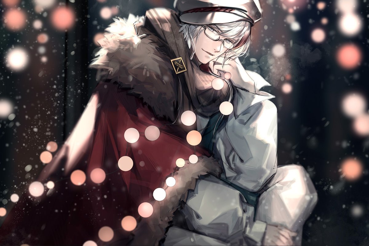 1boy male focus solo glasses white hair fur trim hat  illustration images