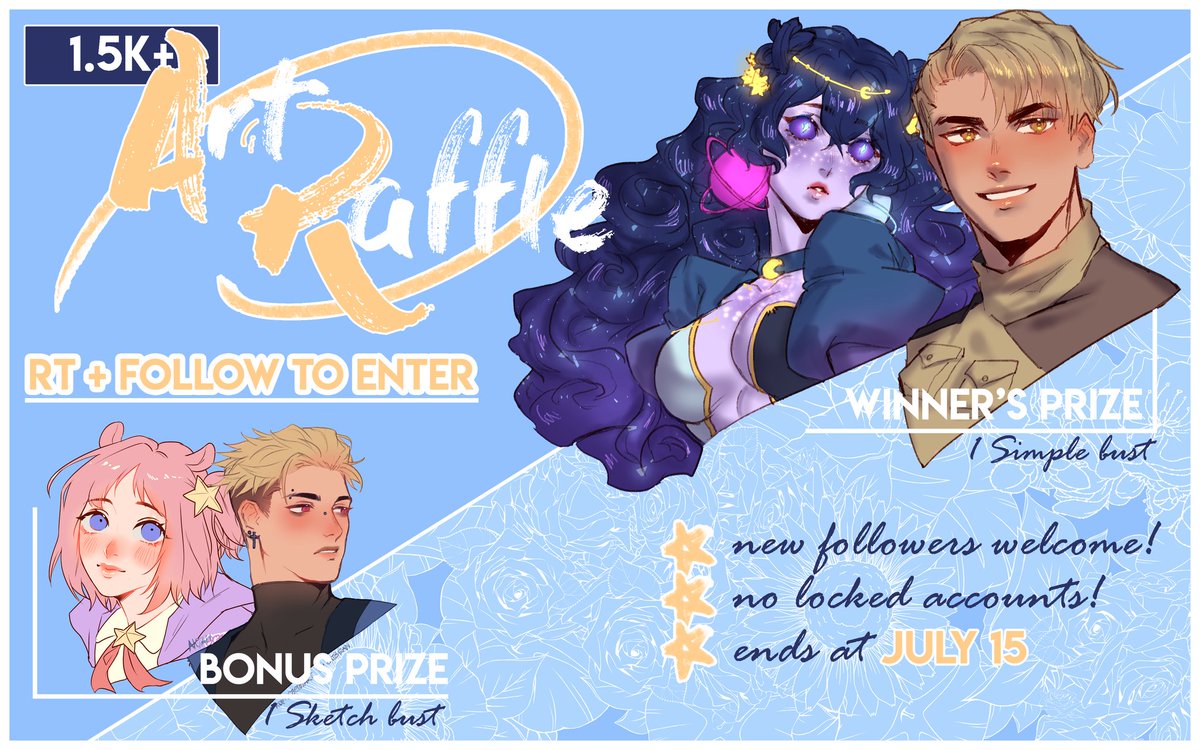 caelusart's tweet image. ✨1.5K+ ART RAFFLE✨
thank you for 1.5k followers!!! i wanted to gift you guys so here's another art raffle 💞

💫 RT + FOLLOW to enter ( new followers are welcomed )!
💫 no locked accs!
💫 if this gets 100+ RTs, +1 prize ( bust sketch )!
💫 ends at July 15, 11 a.m, GMT+7