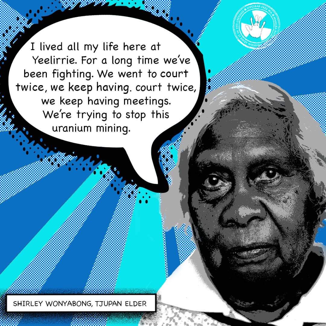 uraniumfree's tweet photo. Tjupan Elder, Shirley Wonyabong will not stop fighting to protect her country, #Yeelirie from #uranium mining. Shirley is a WA #superhero courageously standing up for country &amp; culture @dontnuke #nuclearfree #nuclear #renewableenergy #banuranium https://t.co/jm6VS6t9xu
