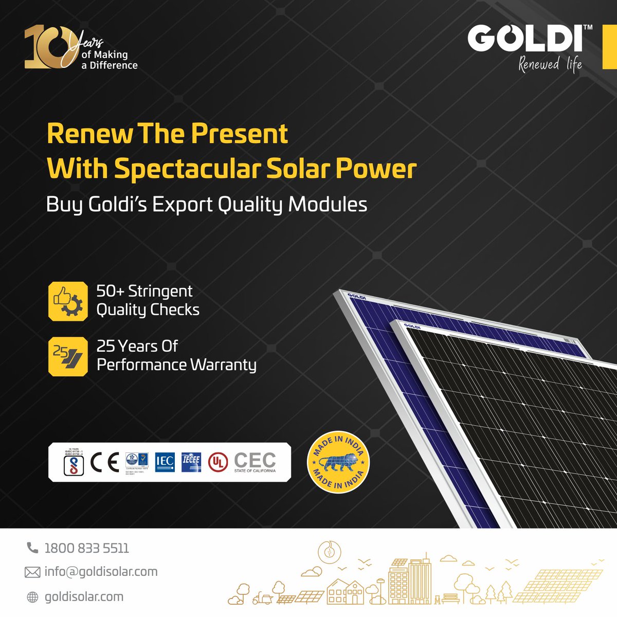 goldisolar's tweet photo. Why wait for the future when you can use renewable energy in the present? Buy Goldi’s superior quality modules to use solar power the smart way.
#GoldiSolar #RenewableEnergy #SolarEnergy #GoldiSolarModules #PerformanceWarranty #QualityChecks #TrustGoldi https://t.co/HRxJk5hVUi