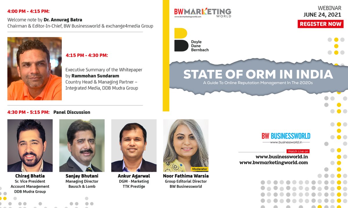 Hear from Industry Professionals about the State of ORM in India: A guide to Online Reputation Management in the 2020s 

June 24, 2021
To attend, Register now: lnkd.in/d4gdqux
<a href="/Rammohantweets/">RockingRam</a> <a href="/chiragbhatia80/">Chirag Bhatia</a> <a href="/BauschLomb/">Bausch + Lomb</a> <a href="/NFWarsia/">Noor Warsia</a> <a href="/anuragbatrayo/">Anurag Batra</a> @DDB_Worldwide <a href="/ttkprestige/">TTK Prestige Fans</a>