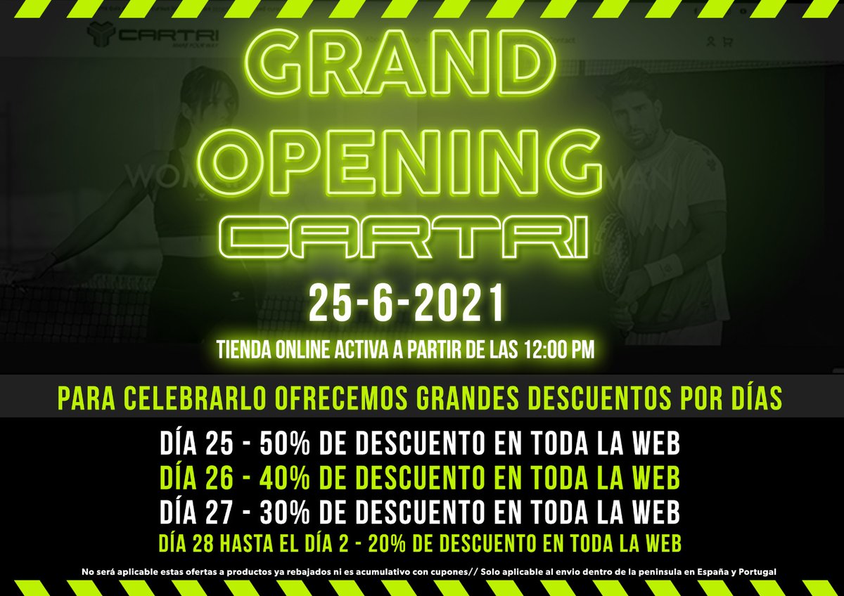 cartripadel's tweet photo. Para celebrar esta deseada noticia, realizaremos unos espectaculares descuentos en nuestra tienda on-line:

- El día 25 de junio, los aficionados podrán beneficiarse d un 50% d descuento en toda la web

- El 26, el descuento será del 40%

- El 27 de junio habrá descuentos del 30% https://t.co/6e8JMKLb3l