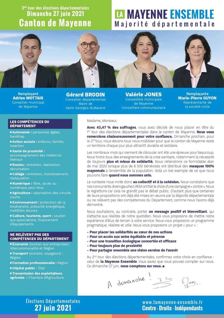 Brodin_Jones's tweet photo. Voici notre profession de foi du 2nd tour des #Départementales2021 dans le #CantonMayenne !
Après les couacs du distributeurs de l'État pour le 1er tour, n'hésitez pas à partager massivement ce dernier document de campagne !😉 @Lamayennensembl #Motivés #Déterminés #MessagePositif https://t.co/Yn5YcYDcCD