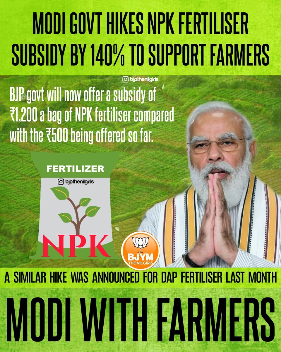 NewsMasterIndia's tweet photo. Union govt hikes NPK fertilizer subsidy by a mammoth 140%. Government is committed to achieve the target of doubling farmers' income by 2022. Great initiative this by Modi govt!
#TimeForFarmReforms https://t.co/ldXLjs8owE