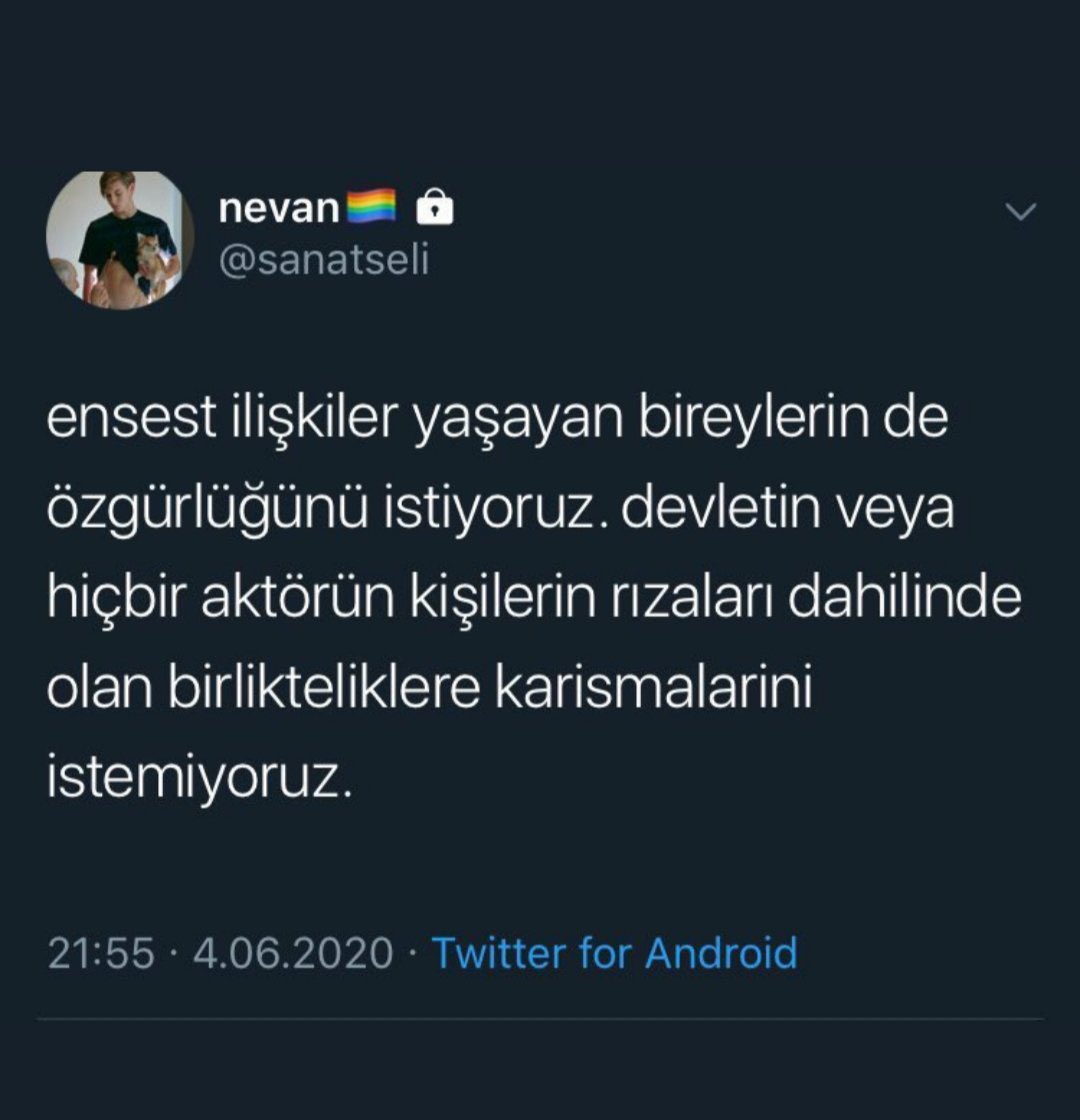 Erkek erkeğe, kadın-kadına hatta ensest (aile içi) ilişkiye dahi özgürlük isteyen LGBT diye bir kitle var.
Anladık dini değerlere sahip değilsiniz bari insani değerlere sahip olun. Sizin yaptığınızı hayvanlar yapmıyor.
Sesinizin çok çıkması sizi meşru yapmaz.
#1temmuzdaisyandayız