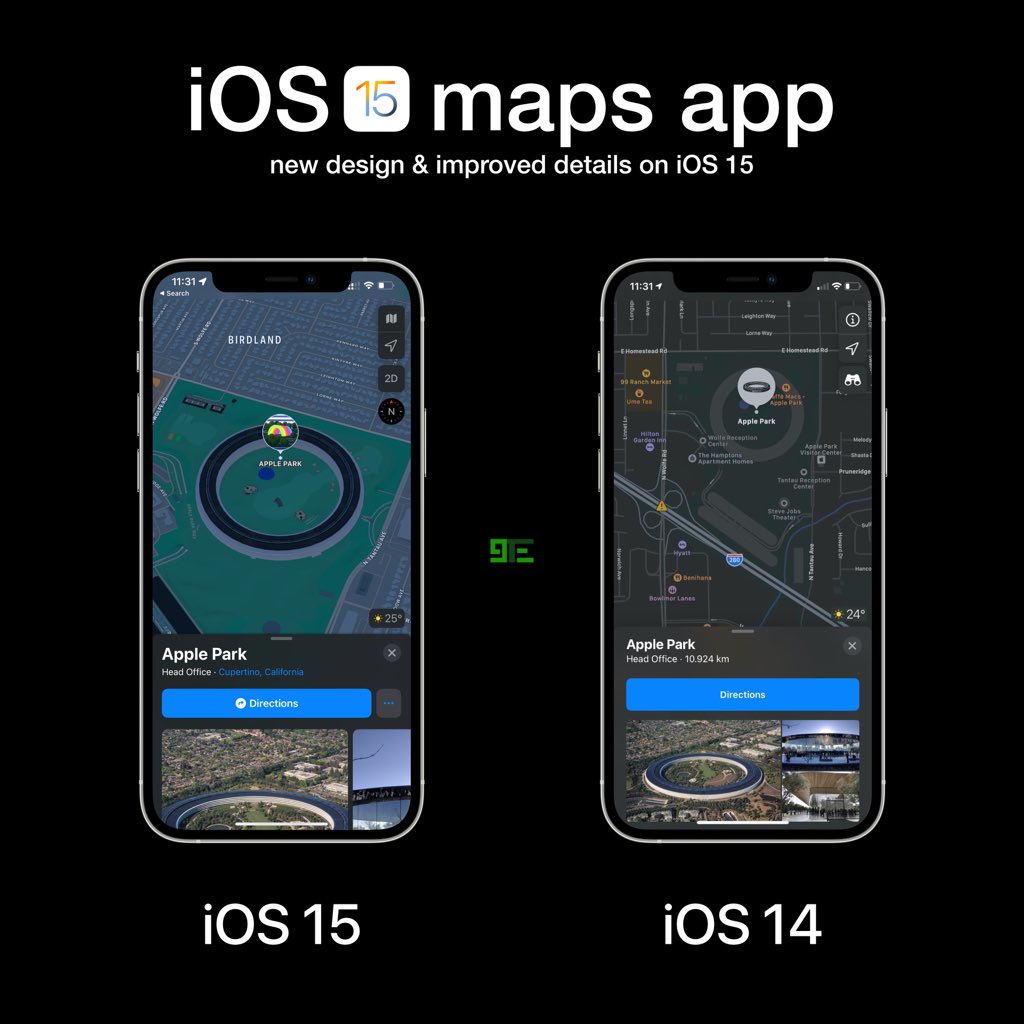 9techeleven's tweet photo. iOS 15 vs iOS 14 #Maps app. 

• New Design &amp; Improved Level of City/Building Details. 
• Navigation Experience is also improved with the updated Driving Maps. 

#ios #ios15 #iphone #apple https://t.co/iugK0atsn0