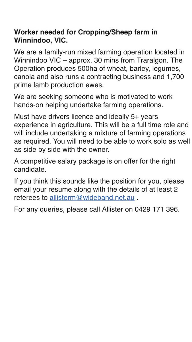 I am looking for full time farm worker in Winnindoo, VIC. more details in photos. Retweet’s appreciated