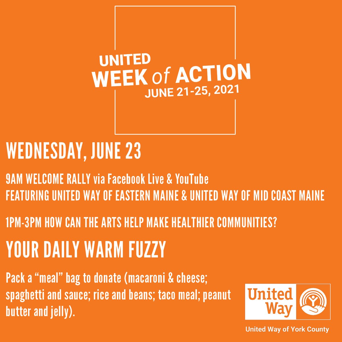 Day 3 of #UnitedWeekofAction! Join us today at 9:00 am for the Facebook Live welcome rally and at 1:00 pm for a discussion on how the Arts Help Make Healthier Communities. 

See all of the activities around the state at unitedwaysofmaine.org/week-of-action/.