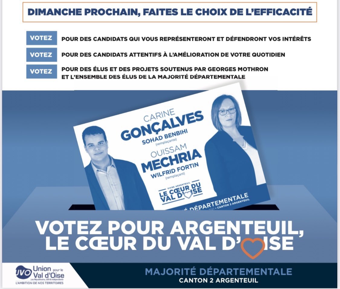 Argenteuil_2's tweet photo. ➡️ Dès dimanche, VOTEZ ET FAITES VOTER NOTRE CANDIDATURE, avec Carine Goncalves et @OuissamMechria
➡️ Pour faire Vivre Argenteuil, Le Cœur du Val d’Oise !
➡️ Un seul bulletin de vote à mettre dans l’urne dans les quartiers d’Orgemont Joliot Curie, Centre-ville et Val d’Argent ! https://t.co/YDp2zIvoeR