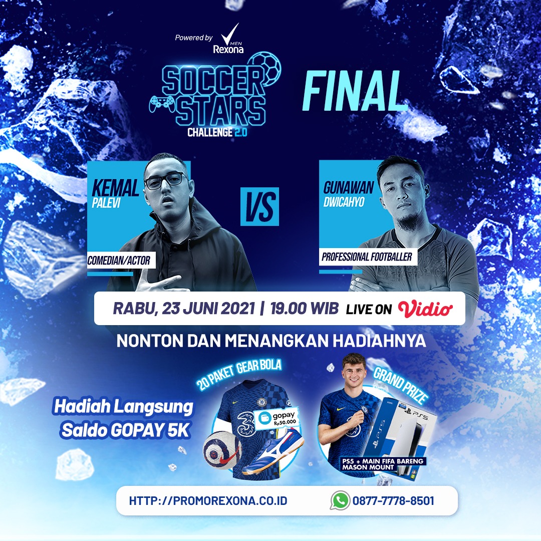 Guys! Beli Rexona Men sekarang buat dapetin langsung saldo GoPay Rp5.000 sampe PS 5! Buruan ikutan quiz #RexonaSoccerStarsChallenge2  dan Nonton Final Fifa Online Rexona di vidio.com . Info selengkapnya langsung aja WA ke official Rexona di 0877-7778-8501. Serbu!!