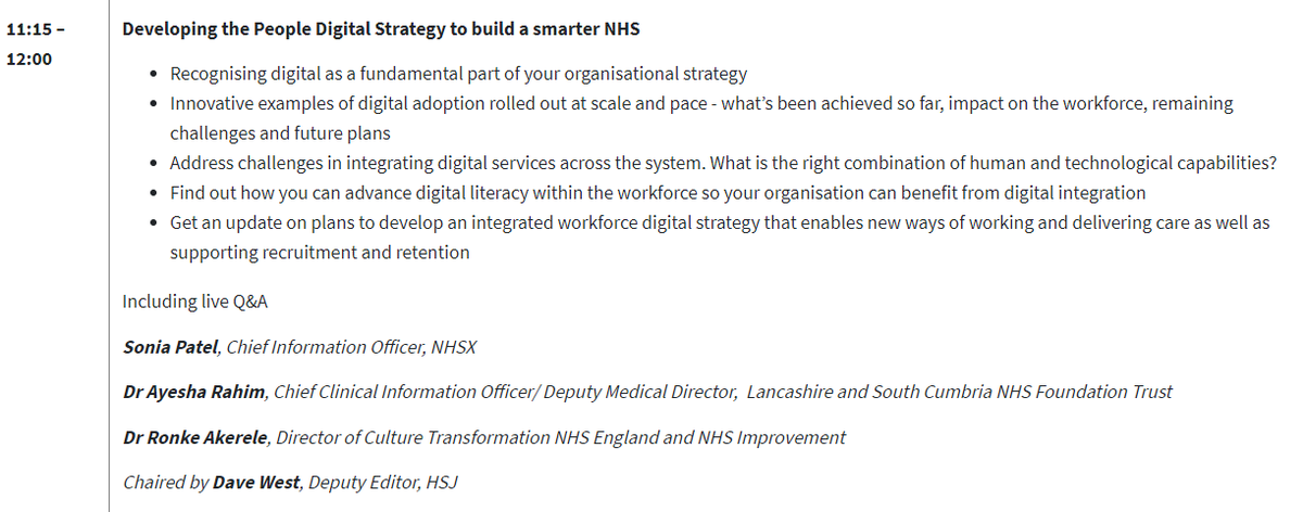 HSJevents's tweet photo. #HSJworkforce Session now on Developing the People Digital Strategy w/ @chat2sonia @RonkeAkerele @AyeshaRahimCCIO https://t.co/Wn2l4K0jSQ