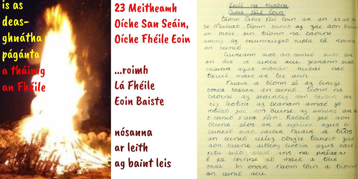 Anocht !
Oíche San Seáin
Oíche Fhéile Eoin
roimh cheiliúradh Lá Fhéile Eoin Baiste
ga.wikipedia.org/wiki/O%C3%ADch…

🔴Oíche mhór a mbíodh nósanna ar leith ag baint leis;
* Lastaí tine Fhéile Eoin timpeall na tíre ar fad
* Dhéantaí an tine as beart cocháin, luachra, aiteann, fraoch &amp; móin