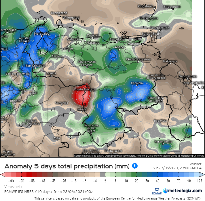 EstebanWXcast's tweet photo. Venezuela, modelo ECMWF de anomalía del total acumulado de precipitación a 5 días, terminados a 23:00 HLV 27 de junio. Se prevén superávits en Zulia, Andes, oeste de Lara, franja norte-costera, Alto Apure, Portuguesa, Guárico, Cojedes, Anzoátegui, Turimiquire, Bolívar y Amazonas. https://t.co/2BLjkeTKGK