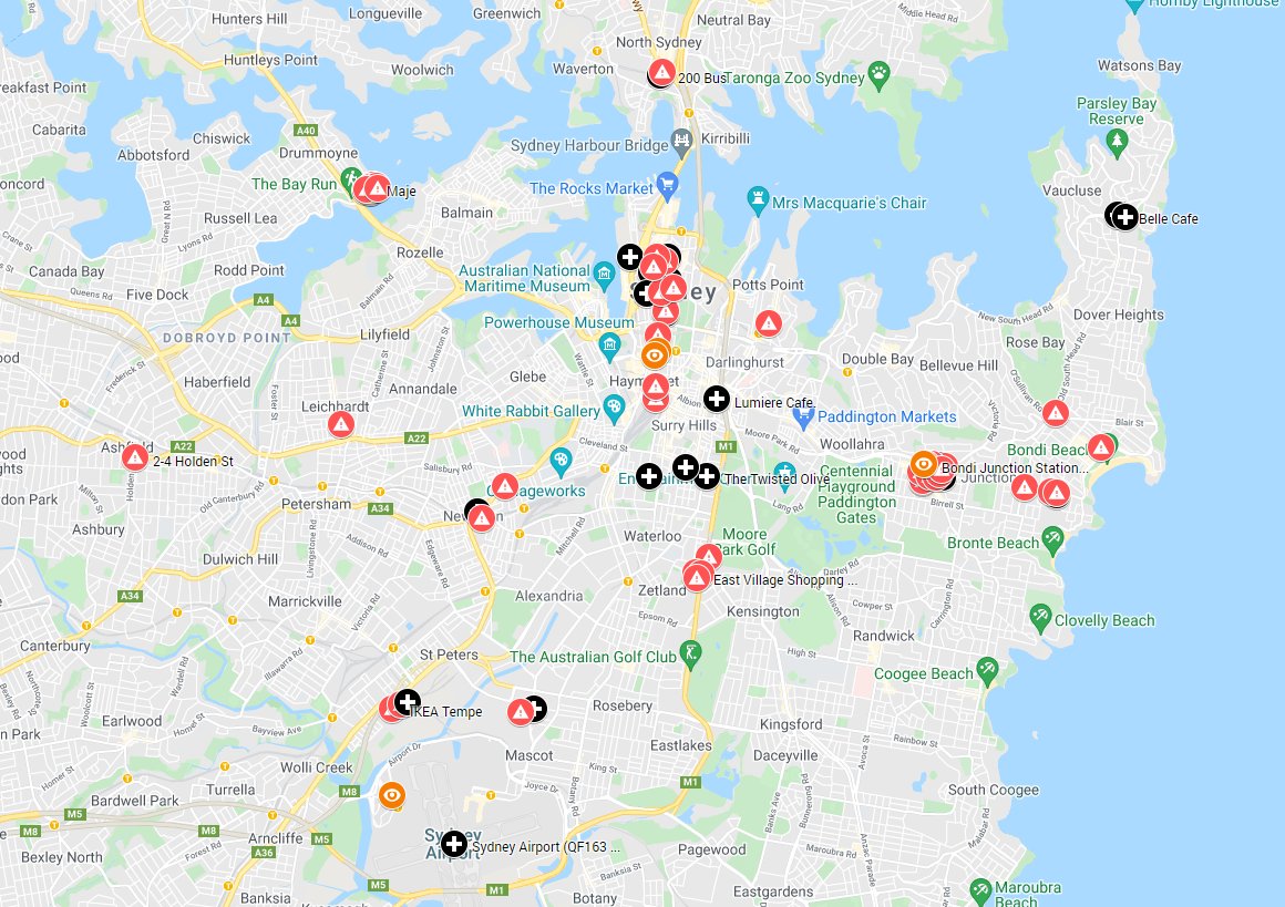 COVIDMapAU's tweet photo. Current map of the confirmed contact tracing locations in the Sydney cluster:

Link to the map: https://t.co/kQNIggSTyG https://t.co/jBUYQGGKgj