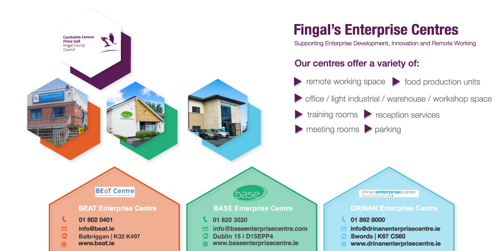 Innovate_Fingal's tweet photo. Fingal's Enterprise Centres. Supporting Enterprise Development, Innovation and Remote Working. Contact BASE, BEAT or Drinan Enterprise Centres today to explore the options on offer. #ConnectedHubs #Transformyourworkday #remotework #enterprise #SMEs #innovation https://t.co/BTmVjtZXBd