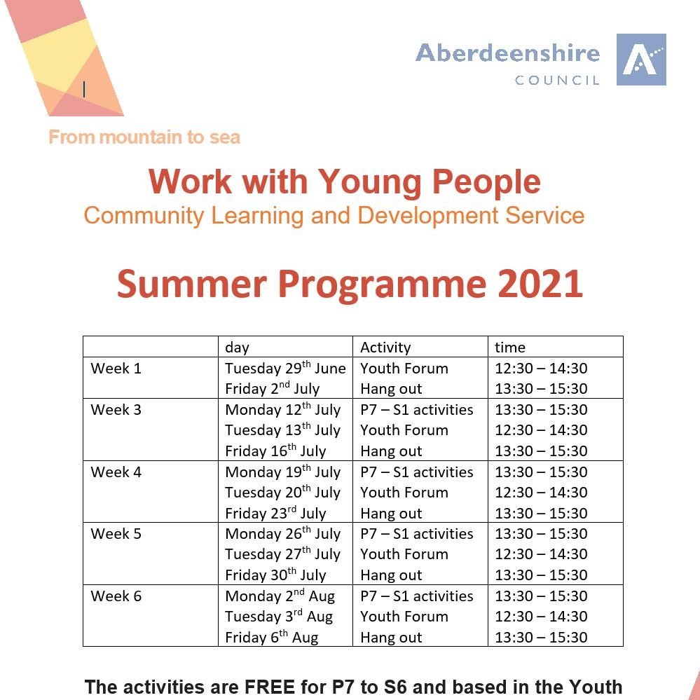 Only a few spaces left for our Summer Youth work Sessions in Inverurie using our dedicated Youth Space in the Inverurie Community Campus!