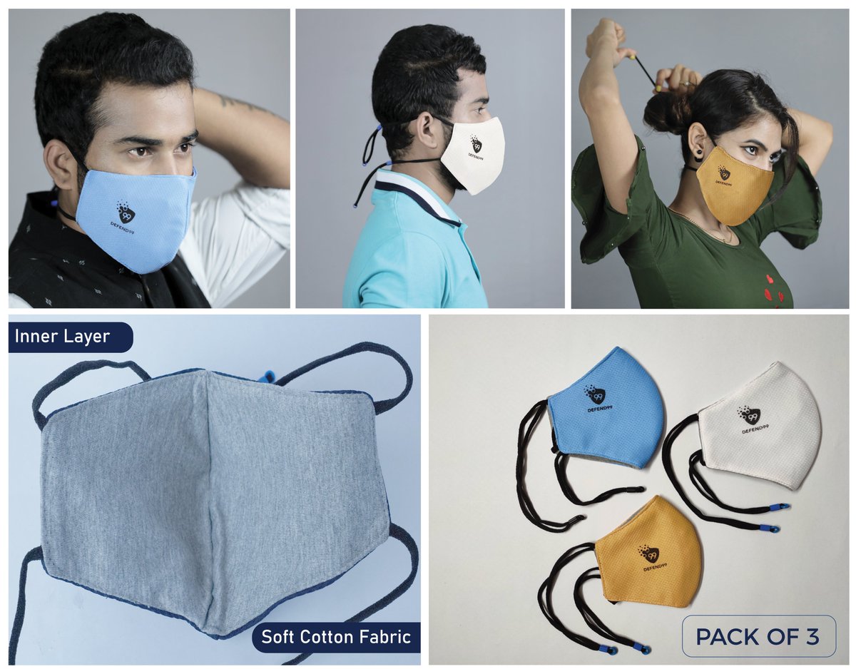 defend99's tweet photo. #DEFEND99 Self Sanitizing #FaceMask 
Certified by ISO &amp; TUV Rheinland. Comes with AZI-GUARD technology.
Buy Now at #Amazon - https://t.co/ZkjIrRR2rS
Pack of 1 (Navy Blue/Black/Sky Blue/Beige/White) Rs. 120/-
Pack of 3 (Navy Blue, Black, Gray/White, Beige, Sky Blue) Rs. 254/- https://t.co/JRHSDyxttp