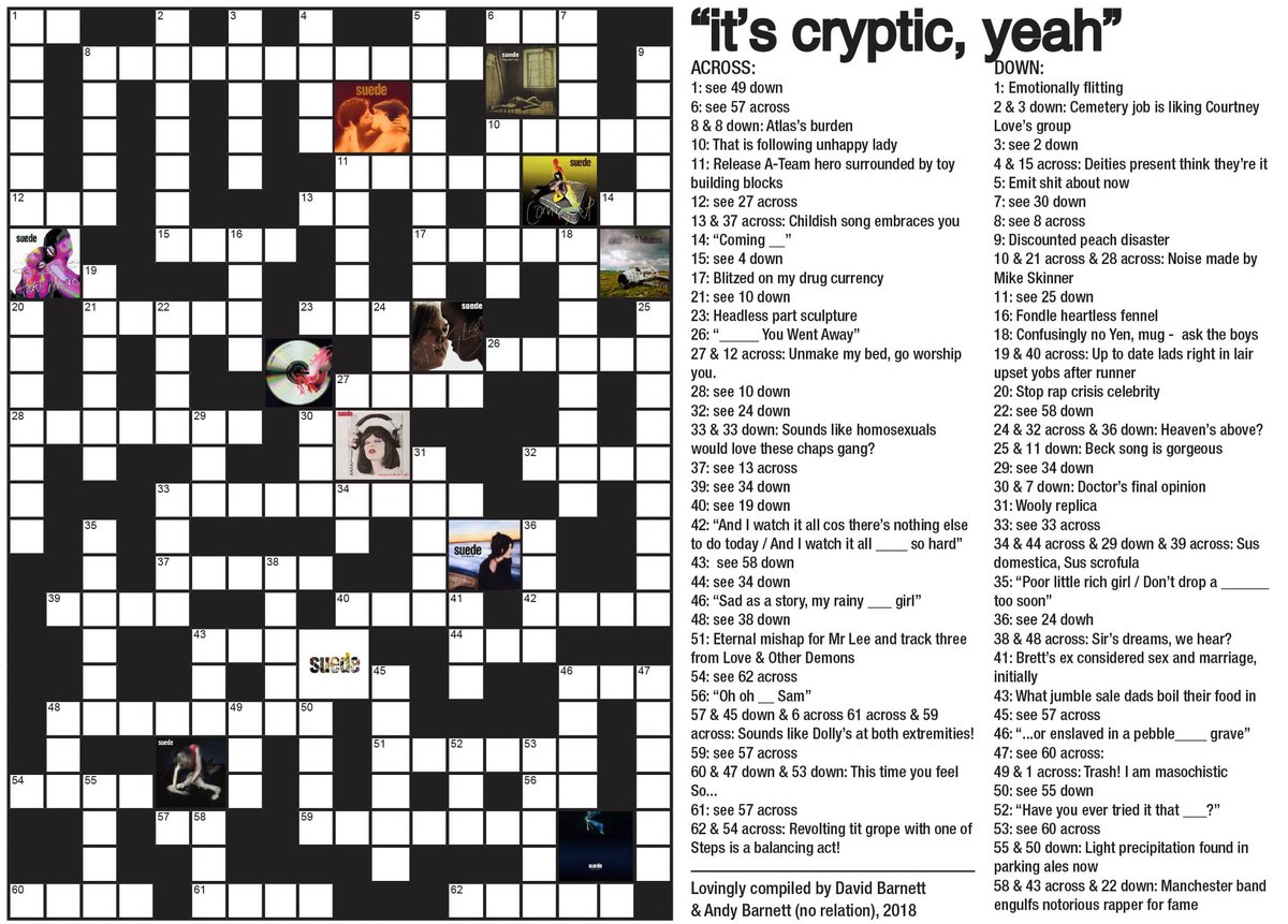 This puzzler put together by me and <a href="/SuaveDavid/">David Barnett</a>  a few years back came up on the <a href="/insatiableones_/">The Insatiable Ones</a> FB page this morning - not bad. <a href="/suedeHQ/">Suede HQ</a> @Uncleskinny