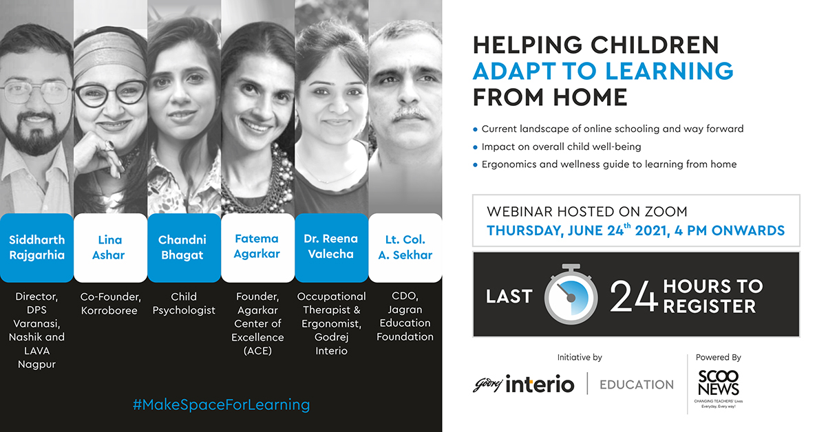 GodrejInterio4U's tweet photo. Join us in our upcoming #webinar with 
@ScooNews
 where our panel of experts look to touch upon the core areas of concern impacting children today, as they learn from home.
1 Day to Go.
Register Now: https://t.co/W1lMY7VSmU
#godrejinterio #makespaceforlearning https://t.co/v7IXTFDsAd