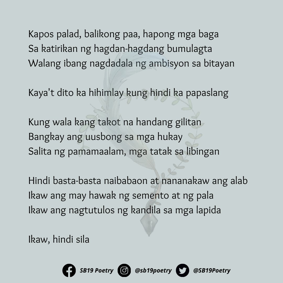 SB19Poetry's tweet photo. Berdugo

"Matagal na 'kong patay kung 'di lang determinado."
— Determinado || @josuengmusika x @imszmc 

Isinulat ni: Sitan

@SB19Official https://t.co/we0jlWNo8D