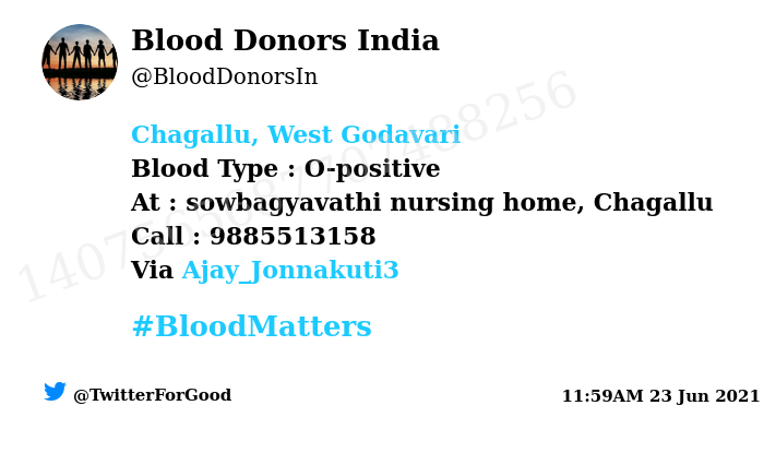 BloodDonorsIn's tweet photo. #Chagallu, West Godavari
Need #Blood Type : O-positive
At : sowbagyavathi nursing home, Chagallu
Blood Component : Blood
Number of Units : 3
Primary Number : 9885513158
Patient : S.Sunitha
Illness : Operation
Via: @Ajay_Jonnakuti3
#BloodMatters
Powered by Twitter https://t.co/TdJzC29jEU
