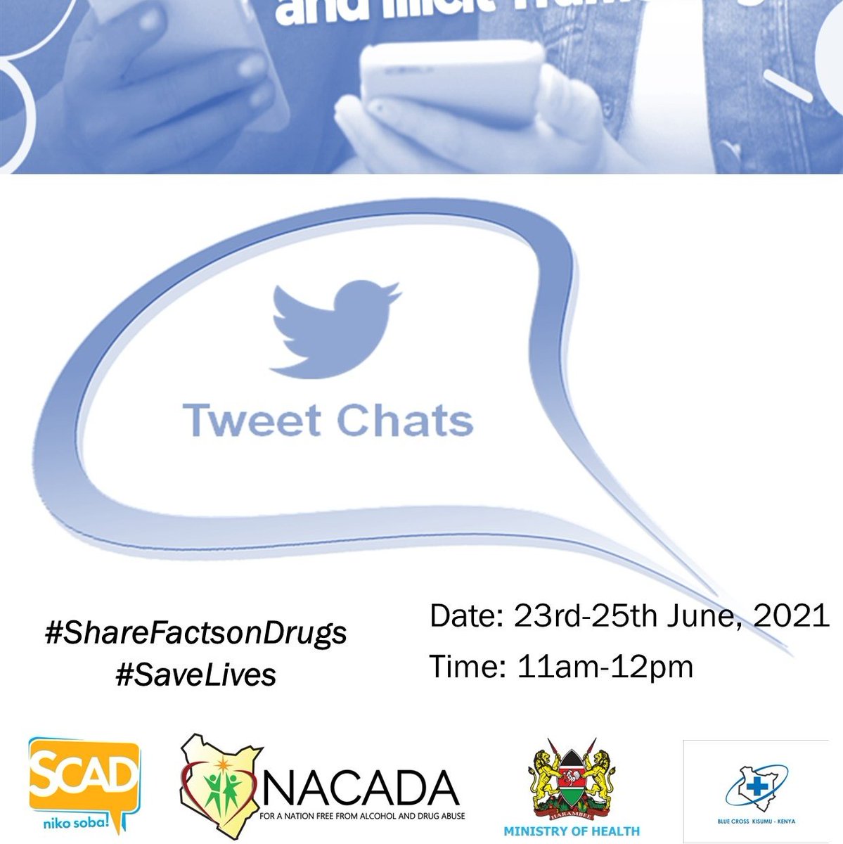 Join us with @bluecrosskisumu <a href="/ShemIshmael/">Ishmael shem</a> <a href="/WendyGaya/">Wendy Gaya</a> <a href="/maua_susan/">Dr Susan Maua</a> <a href="/NjengaAdrian/">Adrian Njenga</a> <a href="/DrMercyKaranja/">Dr Mercy Karanja</a> <a href="/NACADAKenya/">NACADA Kenya</a> <a href="/ACPN_KENYA/">ALCOHOL CONTROL and POLICY NETWORK</a> <a href="/ChiromoHospGrp/">Chiromo Hospital Group</a> for the IDADA #ShareFactsOnDrugs Tweet Chat #SaveLives @ 11am.
<a href="/Movendi_Int/">Movendi International</a> <a href="/IOGTEastAfrica/">IOGTEastAfrica</a> <a href="/utrip/">UTRIP</a> <a href="/ADICsrilanka/">ADIC</a> <a href="/KenyaGirlGuides/">Kenya Girl Guides Association</a> <a href="/KenyaScouts/">Kenya Scouts</a>