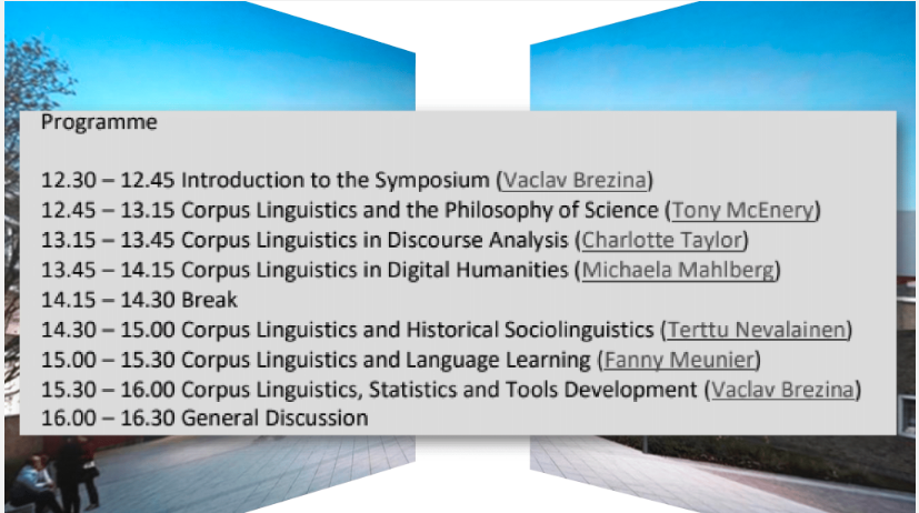 Programme of Lancaster Symposium on innovation in Corpus Linguistics 2021 
#LancsSS21

Join us live today @ 12.30pm UK time

▶ tinyurl.com/LancsSymposium…