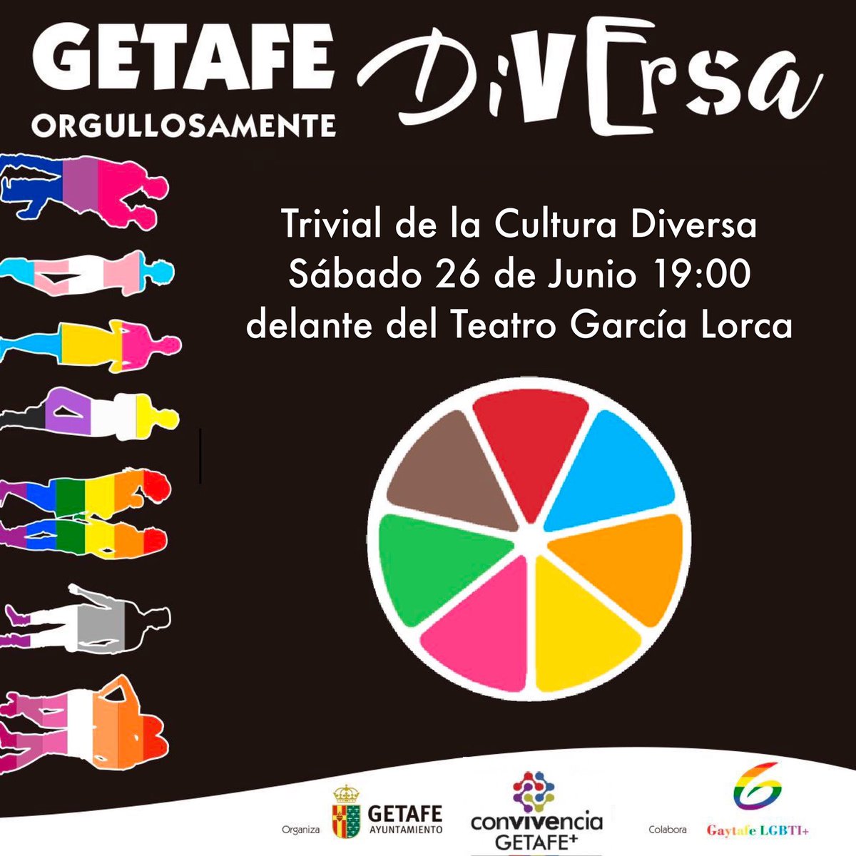 GaytafeLGBTI's tweet photo. Este sábado 26 de junio a las 19:00 horas os esperamos en el Escenario principal de #ConGetafe para participar del #Trivial de la Cultura Diversa. #GetafeTieneOrgullo. #Orgullo #LGBTI #Getafe https://t.co/ZzLIRpI2Fr