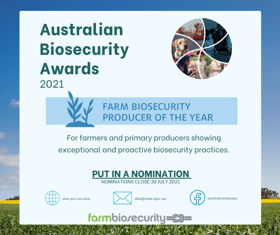 Nominations for the 2021 #AusBioAwards are now open! Looking for #biosecurity champions across eight award categories. Nominations close 30 July 2021. For more info visit: awe.gov.au/ABA 🏆🎉

@DeptAgNews