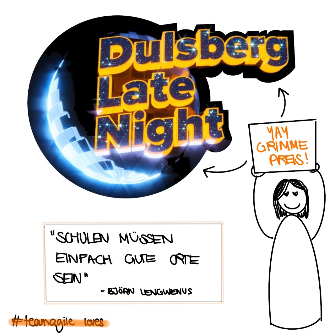 Als andere Schulen noch überlegten, wie man an E-Mail-Adressen kommt, war die Schule Alter Teichweg schon mit Schulleiter Björn Lengwenus und der "Dulsberg Late Night" Show auf Sendung. Dafür gab es den #grimmeonlineaward 2021 🎉 

#teamagileloves #notsponsered #agilebitchclub