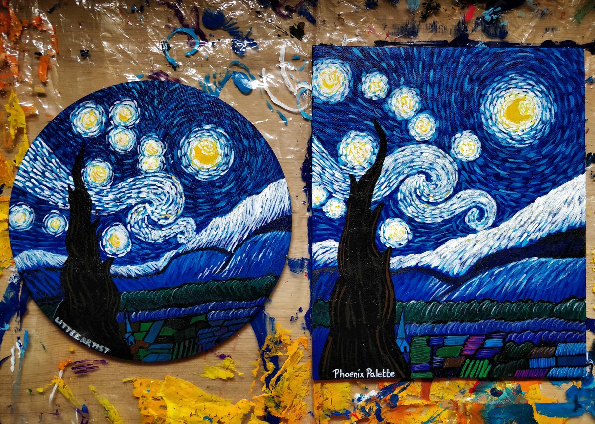 Phoenixpalette1's tweet photo. I wonder at the starry pattern in the sky
Are they little pieces of moon which want to fly?
ACRYLIC PAINTING WITH MY 11YEAR OLD NIECE, LITTLE ARTIST ✨
Painting Inspired by Vincent Van Gogh’s Starry Night 🌃⬇️
https://t.co/oWANdUbhpr
 #starrynight #vincentvangogh #painting #art https://t.co/Zelz2a9Gml