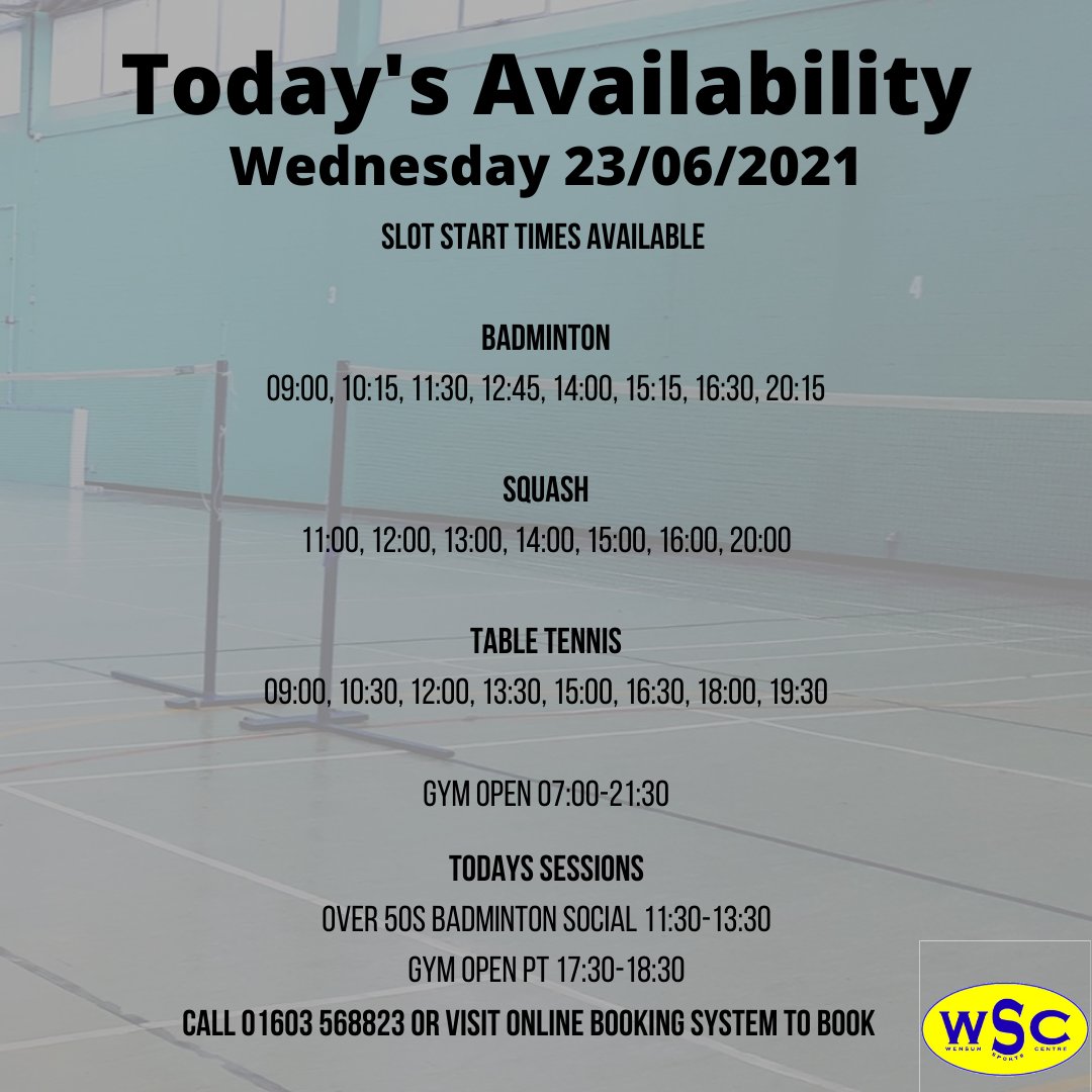 Here is our court availability for today. Call us on 01603 568823 to book.

2 sessions on today Over 50's badminton social and an open PT session in the gym visit wensumsports.com/bookings to book your space