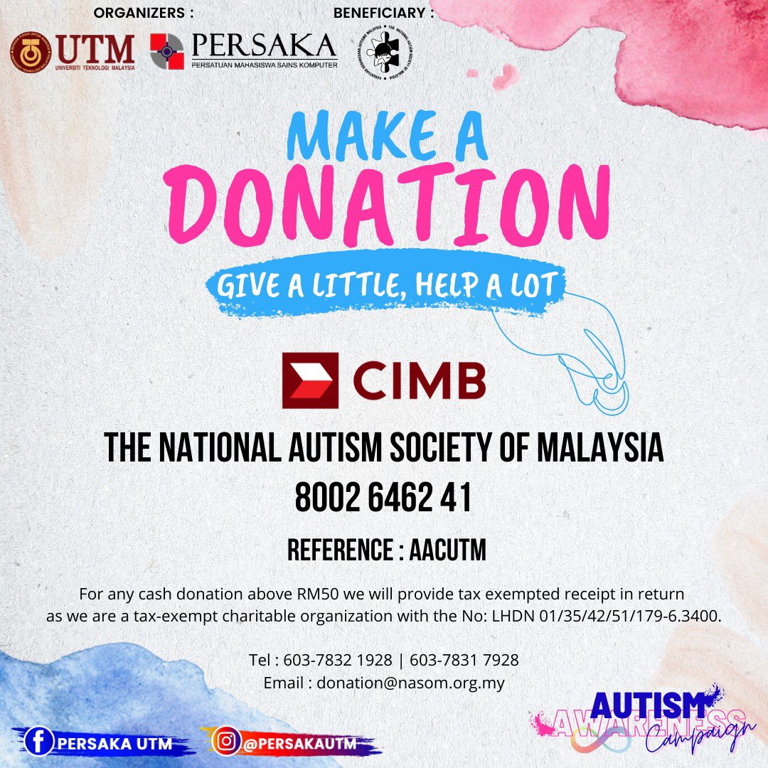 runforunity21's tweet photo. ✨ Autism Awareness Campaign ✨

Autism Awareness Campaign is a fundraising event organized by Persatuan Mahasiswa Sains Komputer (PERSAKA). This event aims to contribute to the National Autism Society of Malaysia (NASOM) . https://t.co/pBsYTB2ftJ