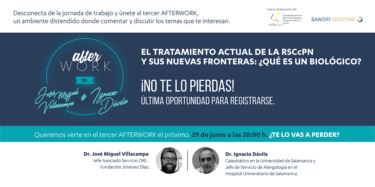 SEORLCCC's tweet image. 📣El 29 de junio📆 tenemos un nuevo ‘Aferwork con…’ con @SanofiES

➡️Una charla distendida entre compañeros sobre el empleo de tratamientos biológicos en RSCcPN 

👨‍⚕️Con el Dr. Villacampa y a un gran experto en #fármacosbiológicos, el Dr. Dávila

zoom.us/webinar/regist…