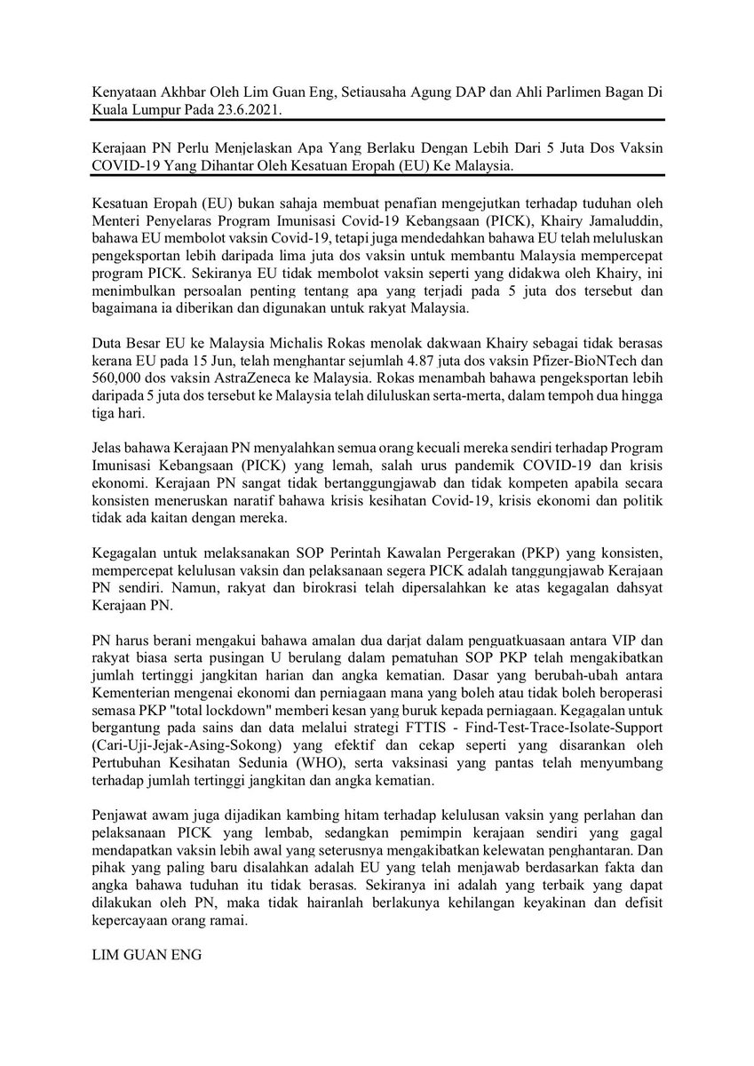 guanenglim's tweet image. Duta Besar EU ke Malaysia Michalis Rokas menolak dakwaan Khairy sebagai tidak berasas kerana EU pada 15 Jun, telah menghantar sejumlah 4.87 juta dos vaksin Pfizer-BioNTech dan 560,000 dos vaksin AstraZeneca ke Malaysia.
(1/2)