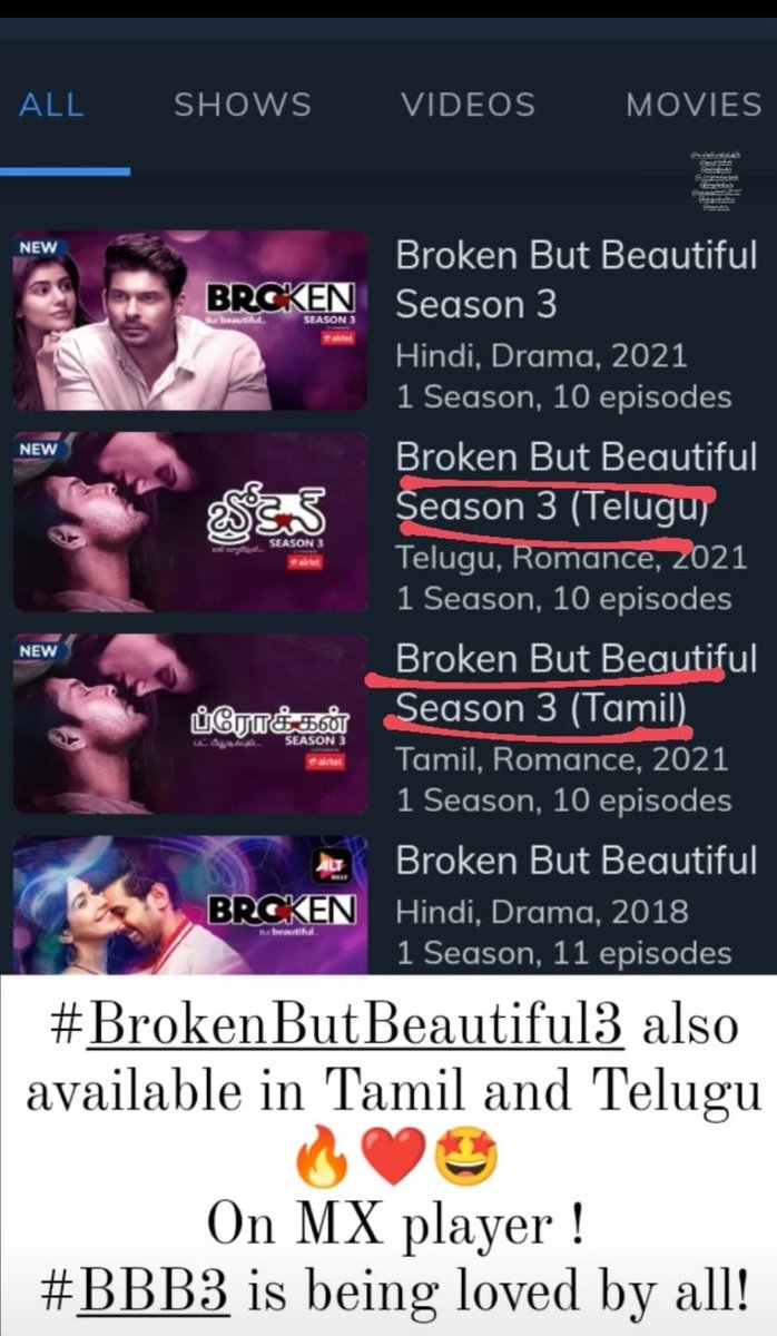 Hii guys #BrokenButBeautiful3 webseries is available in tamil n telugu language on MX PLAYER , SO GUYS  plz watch our #AgastyaRao #BrokenButBeautiful3onMX #SidharthShukla #SidHearts