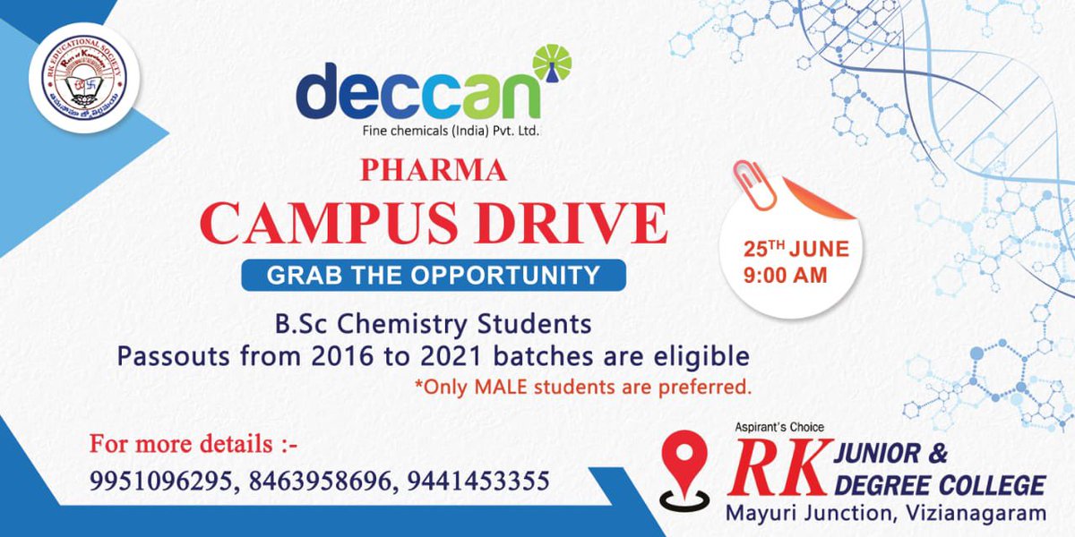 RKDegree's tweet photo. Good news for all the https://t.co/Xe6QOBNIqd chemistry students whose batches are passed out from 2016 to 2021, grab the job opportunity in Deccan pharma on Friday, 25th June 2021 at RK Junior and Degree College, Mayuri Junction, Vizianagaram.
We wish you all the best….. https://t.co/D5AyYKvnEE