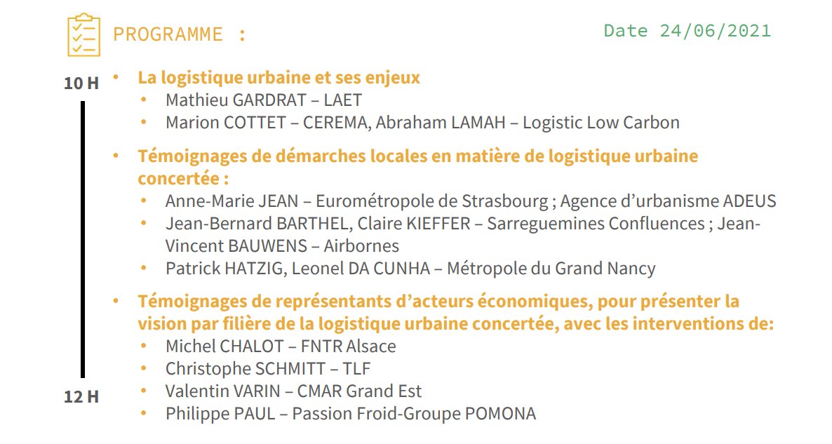 L’<a href="/ademe/">ADEME</a>, le <a href="/CeremaCom/">Cerema</a> et <a href="/LLCofficiel/">Logistic Low Carbon</a> vous invitent à un webinaire dédié à la #logistique #urbaine durable en <a href="/regiongrandest/">Région Grand Est</a> le jeudi 24 juin de 10h à 12h. 

Echanges autour des démarches locales concertées entre acteurs publics et privés.

Inscriptions lnkd.in/du4Bxdn