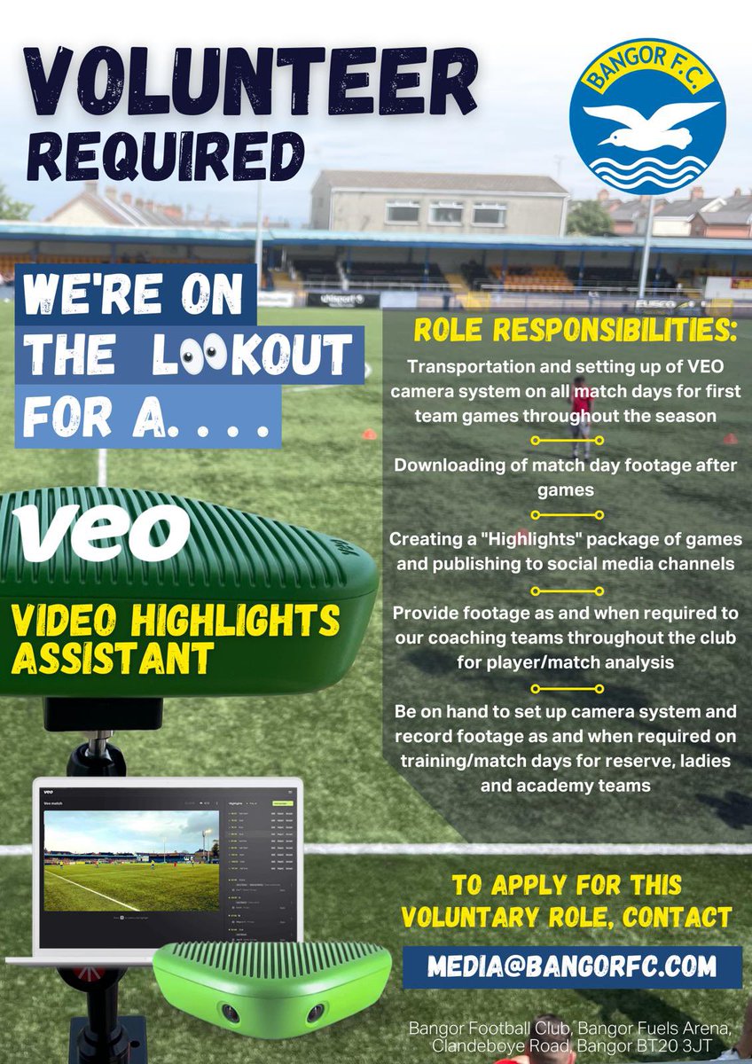 bangorfc's tweet photo. 📹 Interested in video highlights and match analysis?

We want to add to our team of volunteers and if you’re excited to use Veo technology to provide video highlights across our club, get in contact today. 

Media@bangorfc.com https://t.co/k3py9ZrQO0