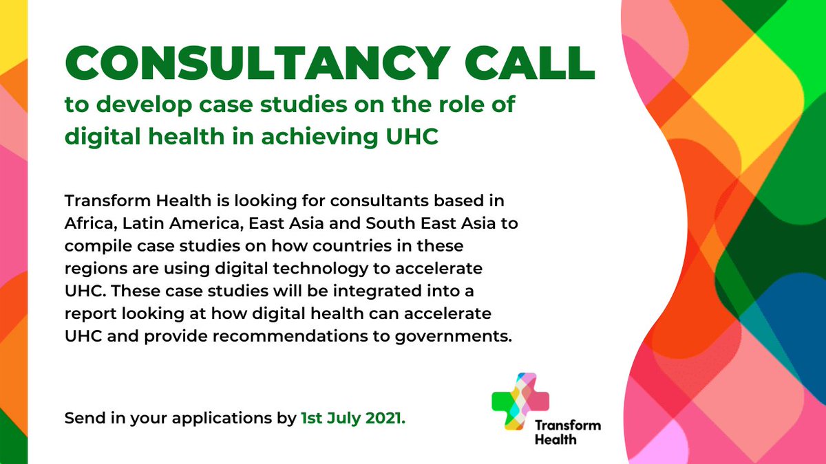 Transform Health is looking for short term consultants on an immediate basis to develop case studies on the role of #DigitalHealth in achieving #UHC. 

Deadline: 1st July

Terms of Reference: transformhealthcoalition.org/wp-content/upl…