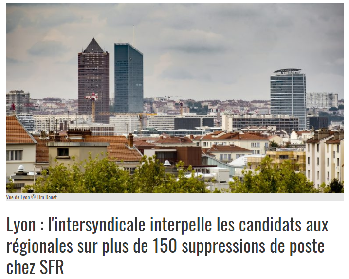 trigathor4's tweet image. 📢#Altice #SFR prévoit la suppression de 2000 postes, dont 155 sur le site de #Lyon Bron.
Les syndicats interpellent les candidats aux élections régionales @laurentwauquiez 
✊Résistance #jeudi24 juin, 11h30 sur le site de Lyon-Bron, au Parc du Chêne
lyoncapitale.fr/actualite/lyon…