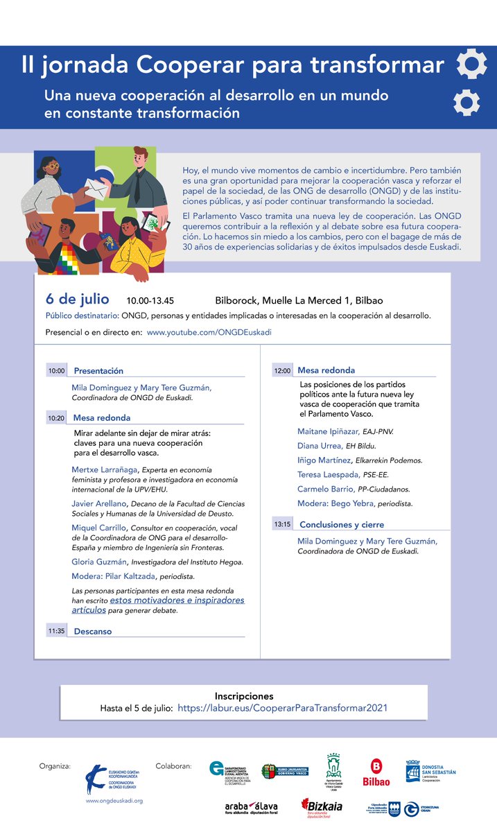 En la segunda mesa, conoceremos las posiciones de los partidos ante la nueva ley vasca de cooperación. Participan: Maitane Ipiñazar, <a href="/DianaUrrea5/">Diana Urrea</a>, <a href="/InigoMZaton/">Íñigo Martínez Zatón 🔻</a>, <a href="/txesalaespada/">Teresa Laespada</a> y <a href="/barriobaroja/">Carmelo Barrio</a>, con la moderación de la periodista Begoña Yebra. ¿Te vienes? labur.eus/vrK6v