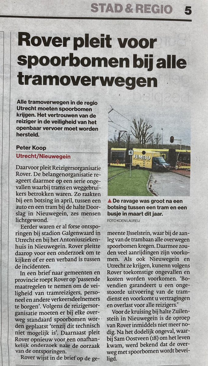 Vandaag in @redactieadun pleidooi van <a href="/ROVER_online/">Reizigersver. ROVER</a> voor spoorbomen op alle tramoverwegen. Terecht! Ik pleit hier al sinds 2015 voor. Benieuwd welke argumenten <a href="/Gem_Nieuwegein/">Gemeente Nieuwegein</a> en <a href="/ProvUtrecht/">Provincie Utrecht</a> nu weer mee gaan komen dat spoorbomen toch echt niet nodig zijn.