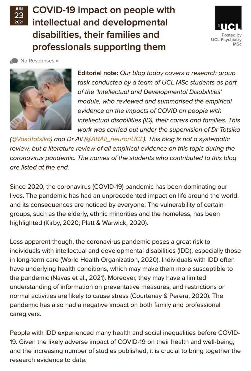 Today a group of students from <a href="/MentalhealthMSc/">UCL Mental Health Sciences MScs</a> summarise the evidence on the impact of the COVID-19 pandemic on people with intellectual disabilities, their families and the professionals supporting them.
elfi.sh/3haVZ9N