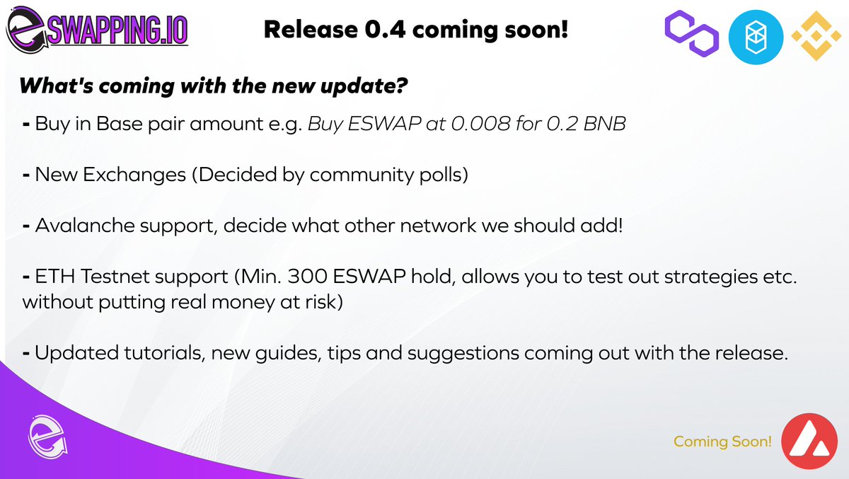 e_swapping's tweet photo. Announcement time! We are working hard on a new update even through these rough market conditions. We will add a poll to the chat for a few votes from the community. Avalanche and Eth testnet is coming soon, what other networks would you like to see next? #ESWAP #BSC #FTM #MATIC https://t.co/kDIiUagQOW