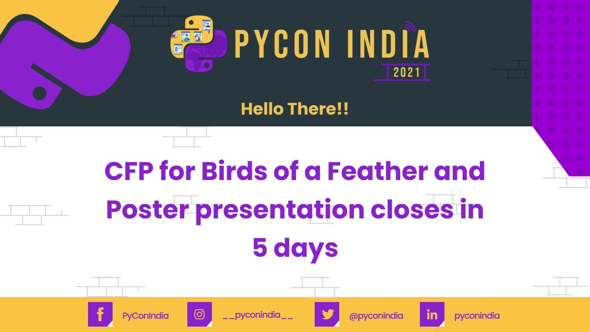 pyconindia's tweet photo. 🚨 CFP for BoFs and Poster presentation closes in 5 days. 🚨
⏳ Don't forget to submit your proposal before 27th June, 23:59 UTC+05:30. 🐍
https://t.co/7ZWByVc89D

🎟️ Get your ticket before it sell out: https://t.co/YtqF9Hlbk2

#PyConIndia2021 #Python #DataScience #security https://t.co/opwehKJGb2