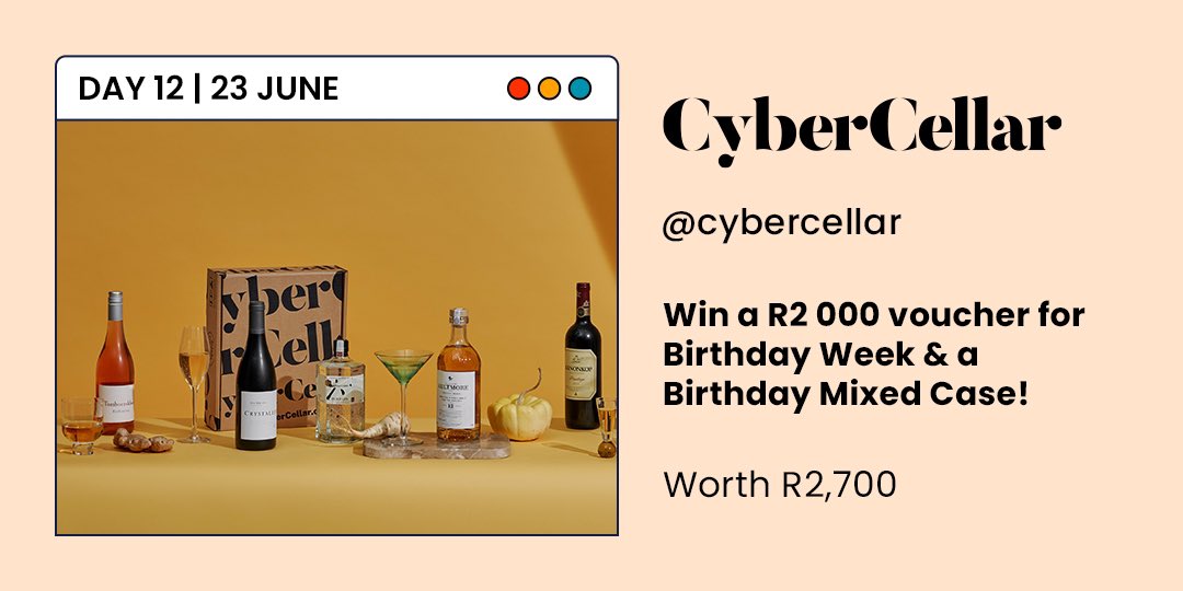 Cybercellar's tweet photo. Last day:CyberCellar!!
 
WIN a R2 000 voucher for our birthday week, a tote bag, wine opener &amp; a Birthday case!
 
Simply:
1. Follow us
2. Retweet this post with the hashtag #CyberCellarBirthday
 
Keep an eye out for the winner to be announced tomorrow! https://t.co/lcCCw2NG8i