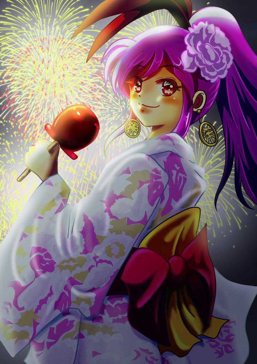 1girl fireworks japanese clothes food kimono solo purple hair  illustration images