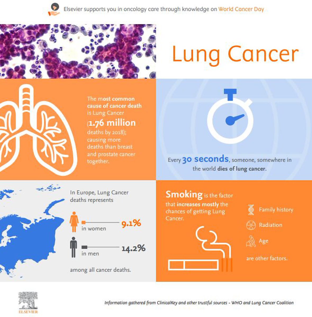 #Loveyourlungsweek Did you know that in Europe, Lung Cancer deaths represents 9.1% in women and 14.2% in men among all cancer deaths? Smoking is the factor that increases mostly the chances of getting Lung Cancer; family history, radiation and age are other factors.#ClinicalKey