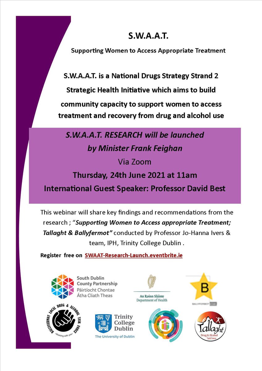 🚨 1 day to go until the SWAAT Research Launch will share key findings from “Supporting Women to Access appropriate Treatment; Tallaght &amp; Ballyfermot” research conducted by @jo_ivers &amp; team IPH, #TCD 

Have you registered yet? 

Register here ⬇️

eventbrite.com/e/151478278609